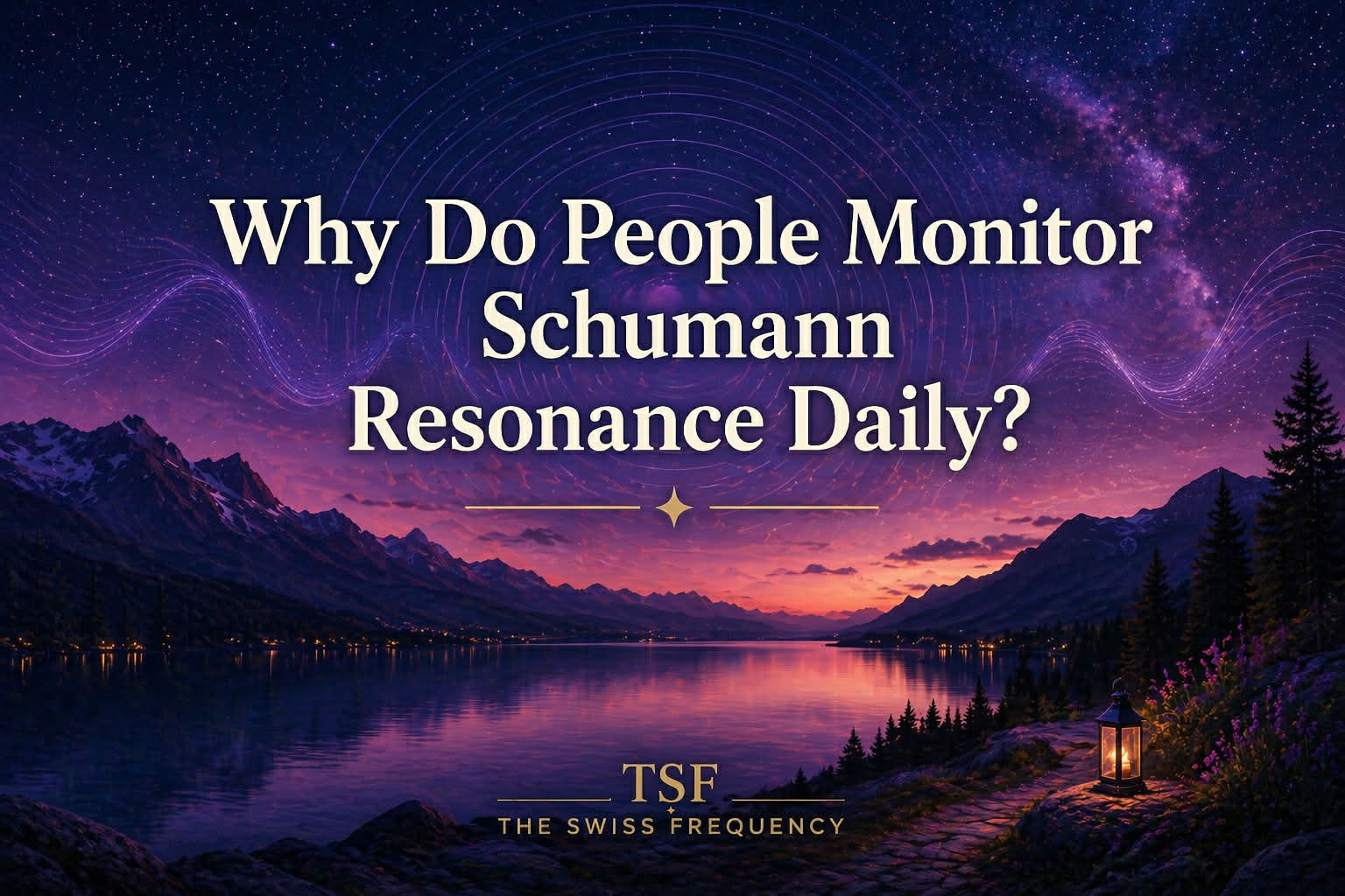 Featured image for article about why people monitor Schumann Resonance daily, showing a starry night sky over mountains and lake with glowing energy waves.