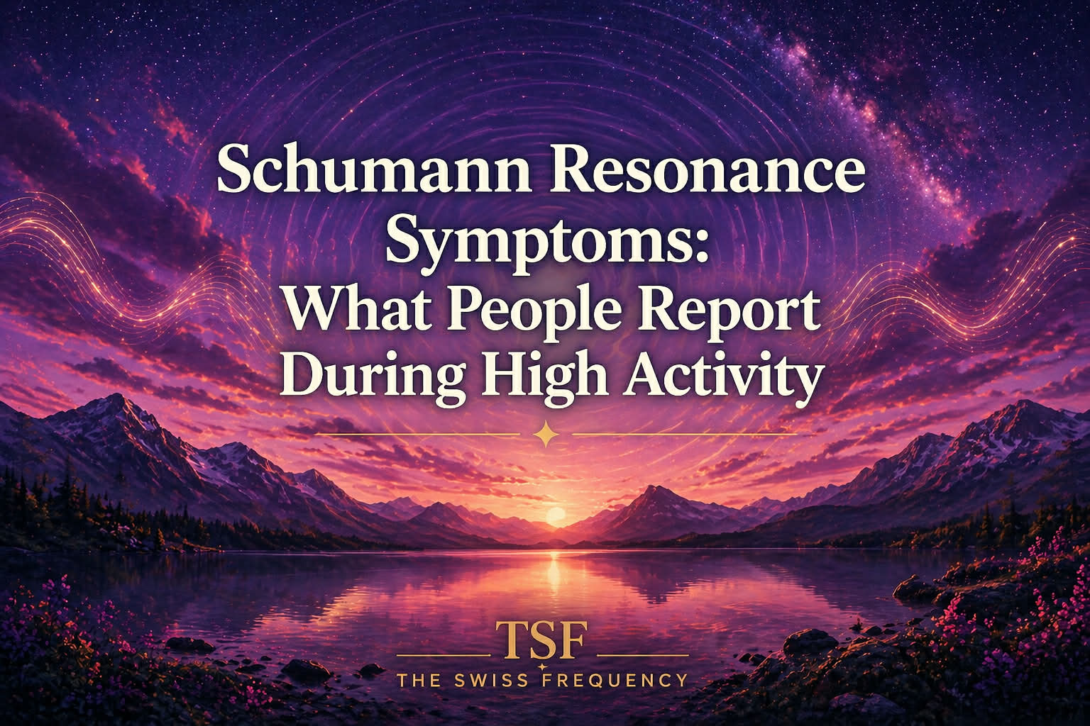 Featured image for article about Schumann Resonance symptoms during high activity, showing a purple-pink starry sky, mountain lake at sunrise, and glowing energy waves.