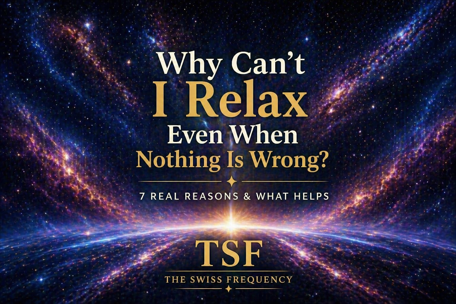 Why Can’t I Relax Even When Nothing Is Wrong featured image with galactic cosmic background, glowing Earth horizon, centered gold text, and nervous system wellness theme
