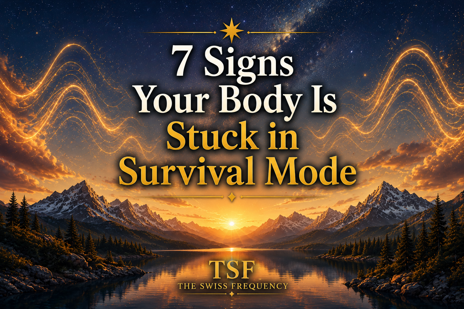 7 signs your body is stuck in survival mode featured image with Swiss mountains and glowing energy waves