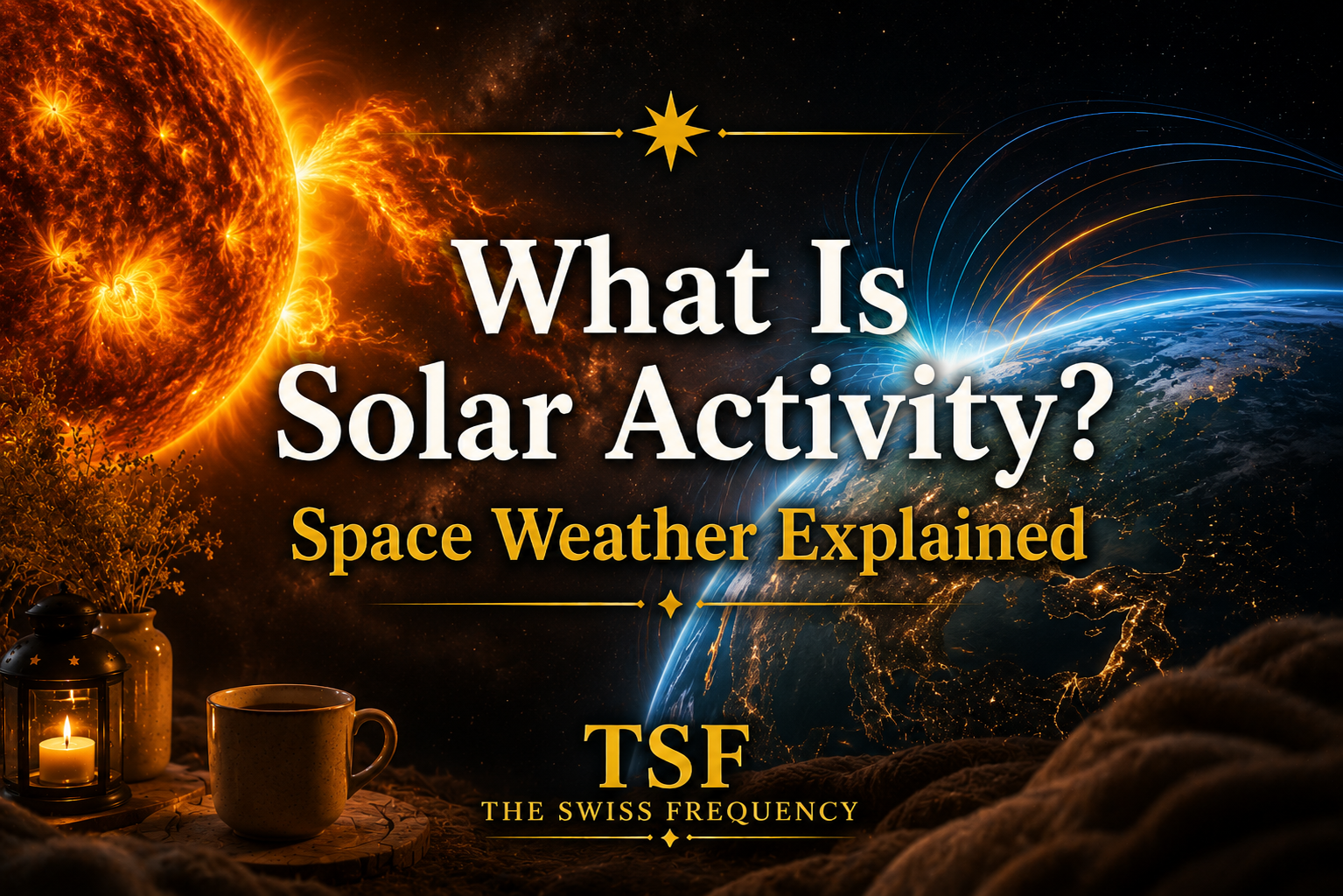 Solar activity and space weather explained with cinematic Sun and Earth illustration showing solar flares and Earth’s magnetic field