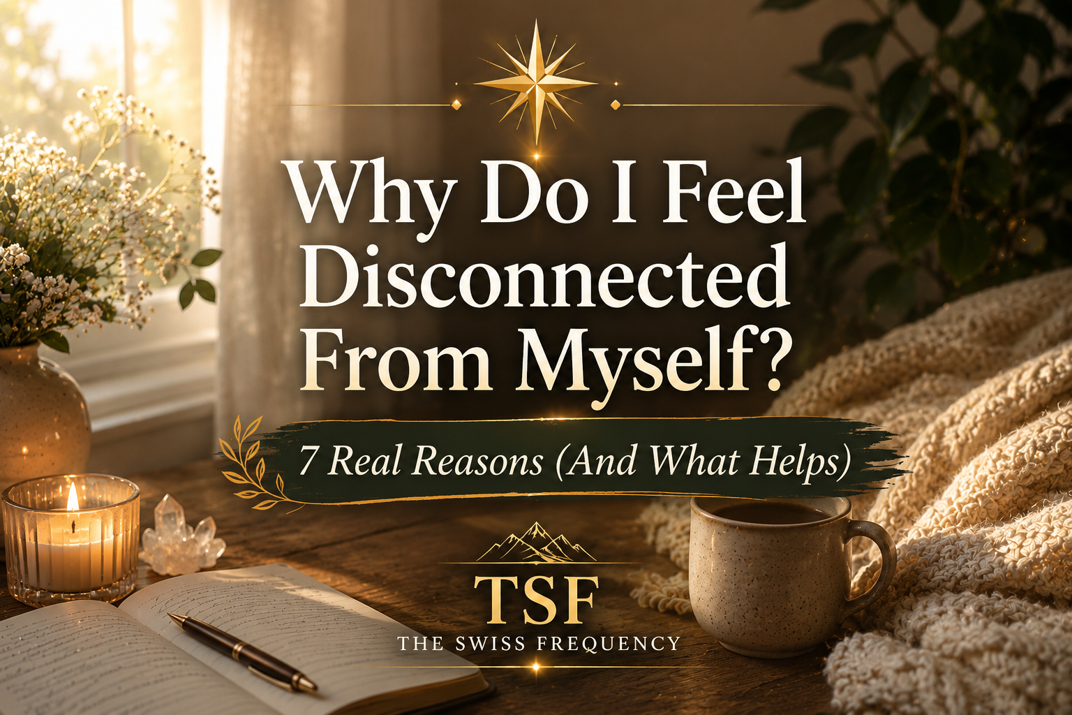Cozy wellness-inspired featured image about feeling disconnected from yourself, featuring a journal, candlelight, warm blanket, mountain landscape and self-reflection theme.