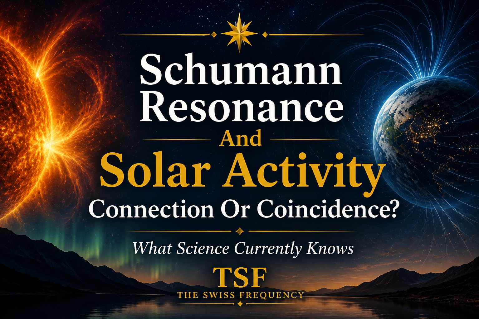 Illustration showing the Sun, Earth, and geomagnetic field lines representing the possible connection between Schumann Resonance and solar activity.