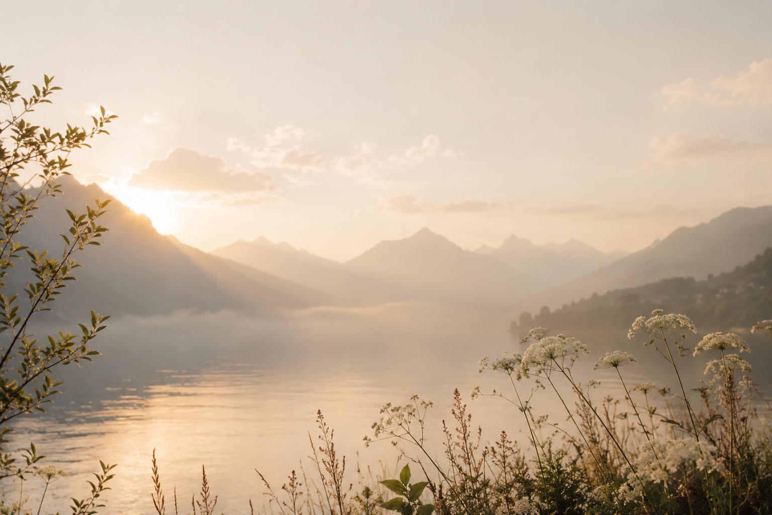 Peaceful alpine landscape at sunrise with mountains, lake and soft golden light for daily self reflection